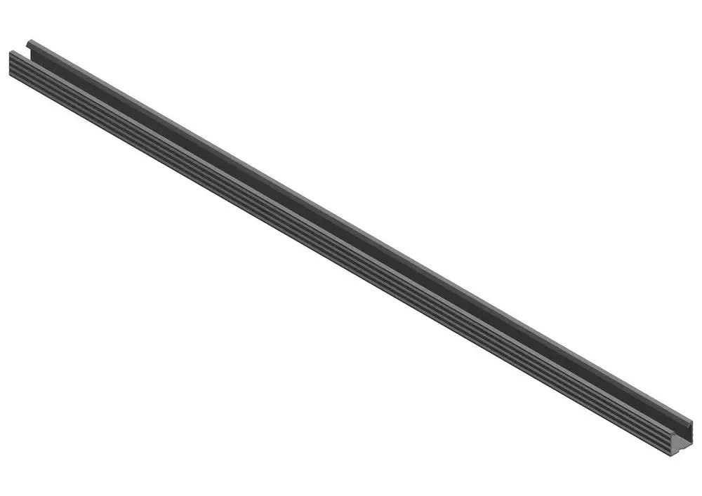 Schwarze Führungsschiene mit gerillter Oberfläche, teilweise geöffnet, hergestellt von Bosch. Ideal für Anwendungen, die eine präzise Führung benötigen.